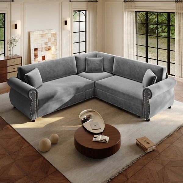 English Elm 88.2L-Shaped Chenille Sectional Sleeper Sofa with Nailhead Trim for Living Room Light Grey W1885S00245
