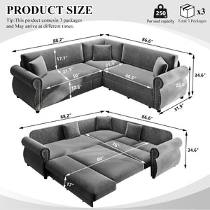 English Elm 88.2L-Shaped Chenille Sectional Sleeper Sofa with Nailhead Trim for Living Room Light Grey W1885S00245