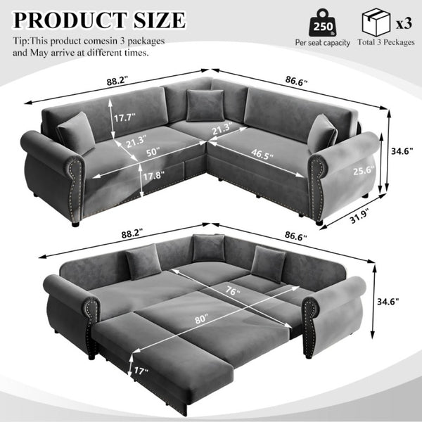 English Elm 88.2L-Shaped Chenille Sectional Sleeper Sofa with Nailhead Trim for Living Room Light Grey W1885S00245
