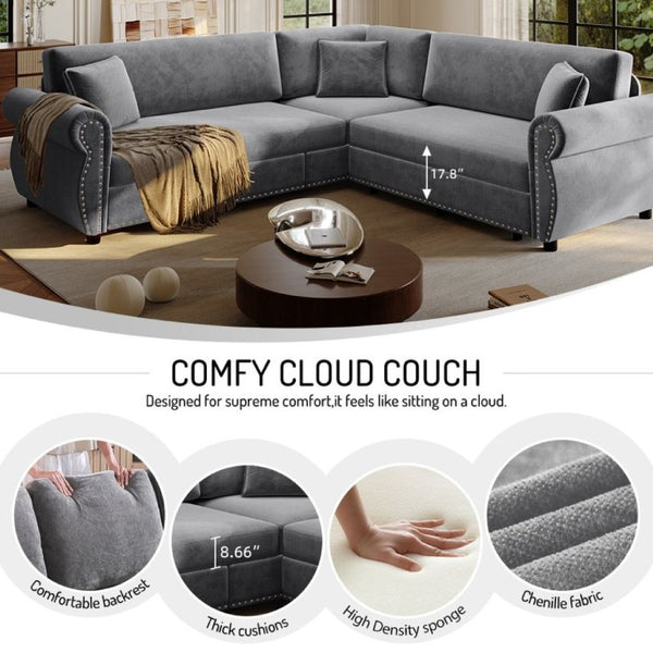 English Elm 88.2L-Shaped Chenille Sectional Sleeper Sofa with Nailhead Trim for Living Room Light Grey W1885S00245