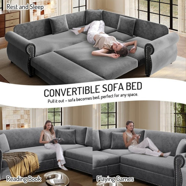 English Elm 88.2L-Shaped Chenille Sectional Sleeper Sofa with Nailhead Trim for Living Room Light Grey W1885S00245