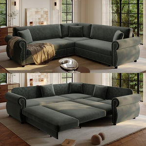 English Elm 88.2L-Shaped Chenille Sectional Sleeper Sofa with Nailhead Trim for Living Room Dark Grey W1885S00246