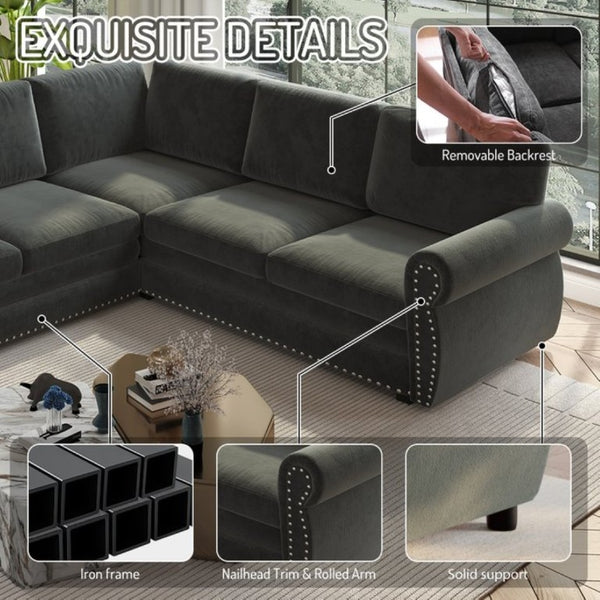 English Elm 88.2L-Shaped Chenille Sectional Sleeper Sofa with Nailhead Trim for Living Room Dark Grey W1885S00246