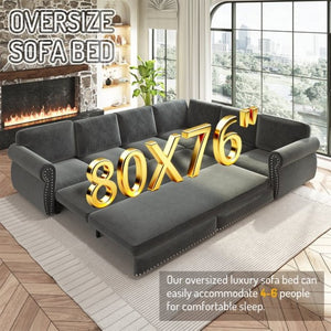 English Elm 88.2L-Shaped Chenille Sectional Sleeper Sofa with Nailhead Trim for Living Room Dark Grey W1885S00246
