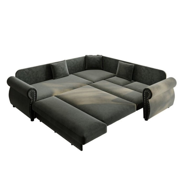English Elm 88.2L-Shaped Chenille Sectional Sleeper Sofa with Nailhead Trim for Living Room Dark Grey W1885S00246
