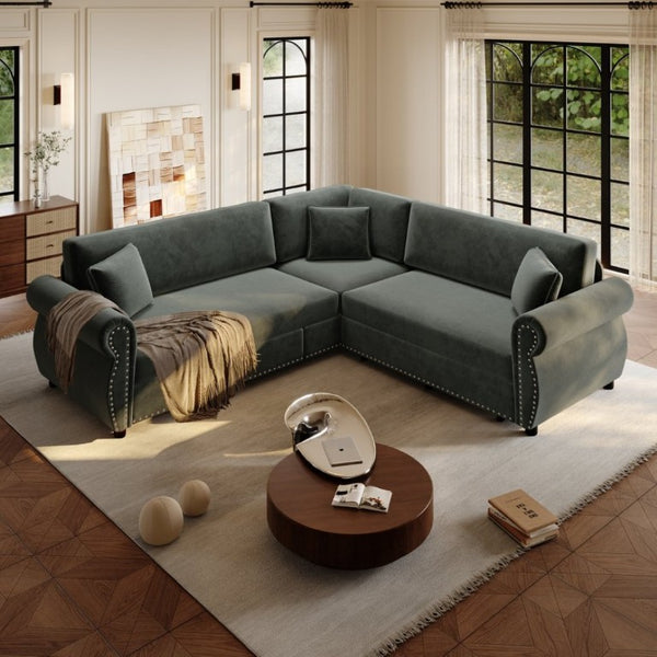 English Elm 88.2L-Shaped Chenille Sectional Sleeper Sofa with Nailhead Trim for Living Room Dark Grey W1885S00246