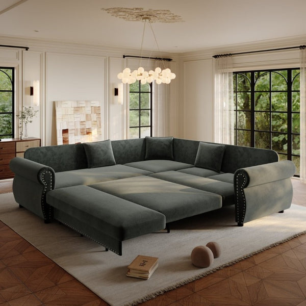 English Elm 88.2L-Shaped Chenille Sectional Sleeper Sofa with Nailhead Trim for Living Room Dark Grey W1885S00246