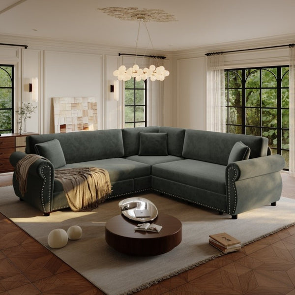 English Elm 88.2L-Shaped Chenille Sectional Sleeper Sofa with Nailhead Trim for Living Room Dark Grey W1885S00246