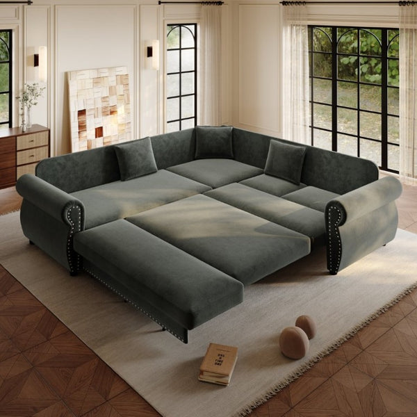English Elm 88.2L-Shaped Chenille Sectional Sleeper Sofa with Nailhead Trim for Living Room Dark Grey W1885S00246
