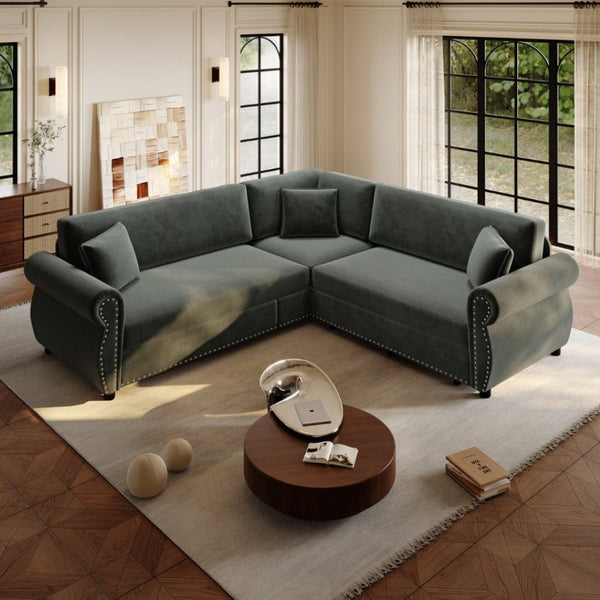 English Elm 88.2L-Shaped Chenille Sectional Sleeper Sofa with Nailhead Trim for Living Room Dark Grey W1885S00246