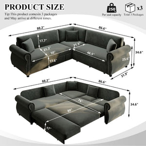 English Elm 88.2L-Shaped Chenille Sectional Sleeper Sofa with Nailhead Trim for Living Room Dark Grey W1885S00246