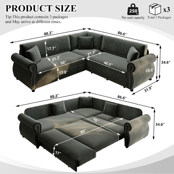 English Elm 88.2L-Shaped Chenille Sectional Sleeper Sofa with Nailhead Trim for Living Room Dark Grey W1885S00246