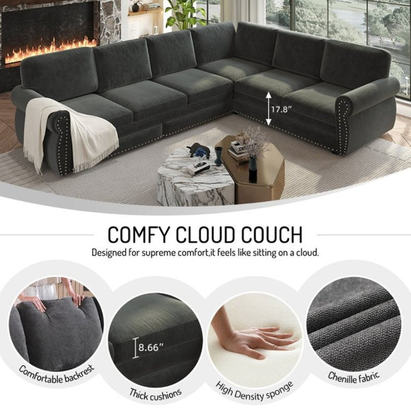 English Elm 88.2L-Shaped Chenille Sectional Sleeper Sofa with Nailhead Trim for Living Room Dark Grey W1885S00246