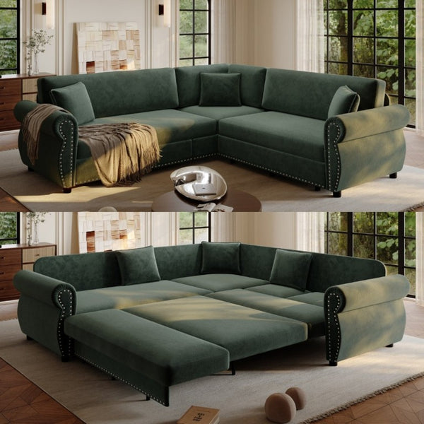 English Elm 88.2L-Shaped Chenille Sectional Sleeper Sofa with Nailhead Trim for Living Room Green W1885S00247