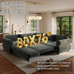 English Elm 88.2L-Shaped Chenille Sectional Sleeper Sofa with Nailhead Trim for Living Room Green W1885S00247