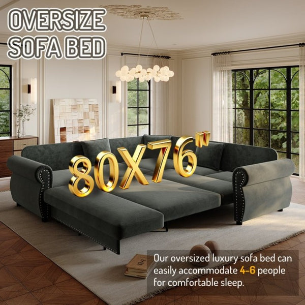 English Elm 88.2L-Shaped Chenille Sectional Sleeper Sofa with Nailhead Trim for Living Room Green W1885S00247