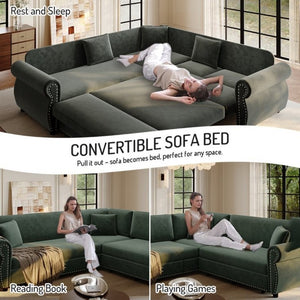 English Elm 88.2L-Shaped Chenille Sectional Sleeper Sofa with Nailhead Trim for Living Room Green W1885S00247