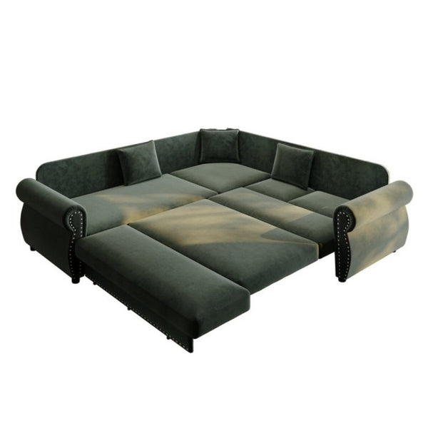 English Elm 88.2L-Shaped Chenille Sectional Sleeper Sofa with Nailhead Trim for Living Room Green W1885S00247