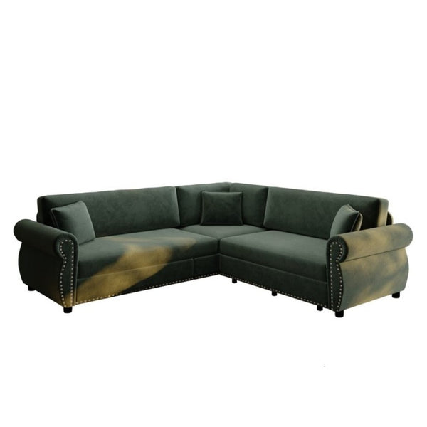 English Elm 88.2L-Shaped Chenille Sectional Sleeper Sofa with Nailhead Trim for Living Room Green W1885S00247