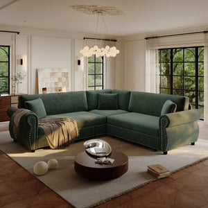 English Elm 88.2L-Shaped Chenille Sectional Sleeper Sofa with Nailhead Trim for Living Room Green W1885S00247