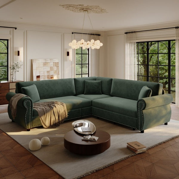 English Elm 88.2L-Shaped Chenille Sectional Sleeper Sofa with Nailhead Trim for Living Room Green W1885S00247