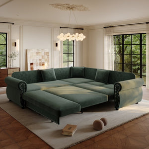 English Elm 88.2L-Shaped Chenille Sectional Sleeper Sofa with Nailhead Trim for Living Room Green W1885S00247
