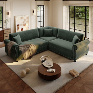 English Elm 88.2L-Shaped Chenille Sectional Sleeper Sofa with Nailhead Trim for Living Room Green W1885S00247