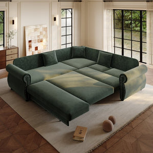 English Elm 88.2L-Shaped Chenille Sectional Sleeper Sofa with Nailhead Trim for Living Room Green W1885S00247