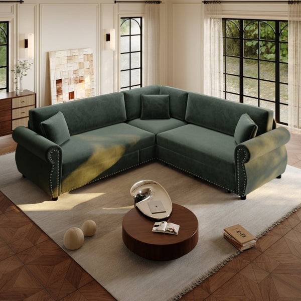 English Elm 88.2L-Shaped Chenille Sectional Sleeper Sofa with Nailhead Trim for Living Room Green W1885S00247
