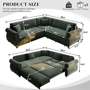 English Elm 88.2L-Shaped Chenille Sectional Sleeper Sofa with Nailhead Trim for Living Room Green W1885S00247