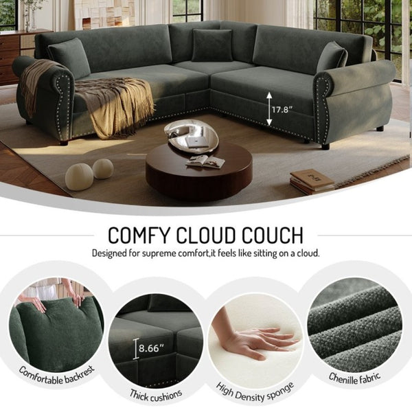 English Elm 88.2L-Shaped Chenille Sectional Sleeper Sofa with Nailhead Trim for Living Room Green W1885S00247