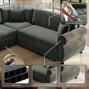 English Elm 88.2L-Shaped Chenille Sectional Sleeper Sofa with Nailhead Trim for Living Room Green W1885S00247