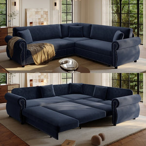 English Elm 88.2L-Shaped Chenille Sectional Sleeper Sofa with Nailhead Trim for Living Room Blue W1885S00248