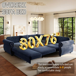 English Elm 88.2L-Shaped Chenille Sectional Sleeper Sofa with Nailhead Trim for Living Room Blue W1885S00248