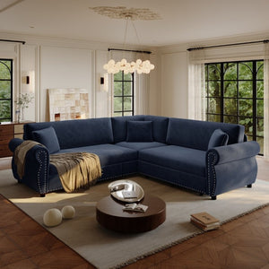 English Elm 88.2L-Shaped Chenille Sectional Sleeper Sofa with Nailhead Trim for Living Room Blue W1885S00248