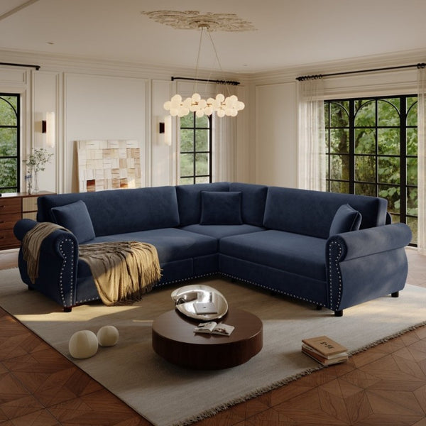 English Elm 88.2L-Shaped Chenille Sectional Sleeper Sofa with Nailhead Trim for Living Room Blue W1885S00248