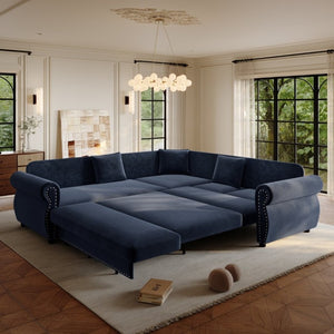 English Elm 88.2L-Shaped Chenille Sectional Sleeper Sofa with Nailhead Trim for Living Room Blue W1885S00248