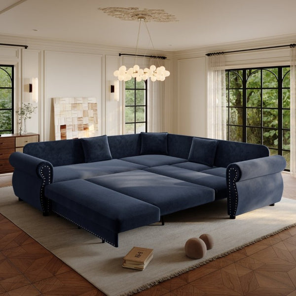 English Elm 88.2L-Shaped Chenille Sectional Sleeper Sofa with Nailhead Trim for Living Room Blue W1885S00248