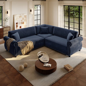 English Elm 88.2L-Shaped Chenille Sectional Sleeper Sofa with Nailhead Trim for Living Room Blue W1885S00248