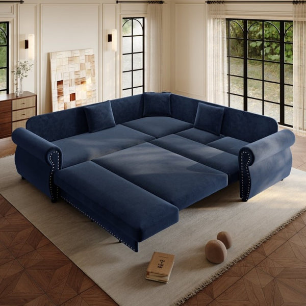 English Elm 88.2L-Shaped Chenille Sectional Sleeper Sofa with Nailhead Trim for Living Room Blue W1885S00248