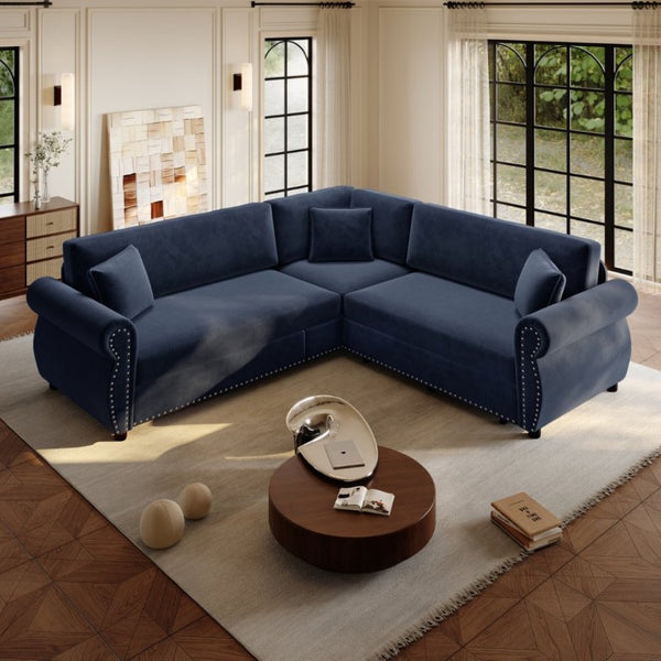 English Elm 88.2L-Shaped Chenille Sectional Sleeper Sofa with Nailhead Trim for Living Room Blue W1885S00248