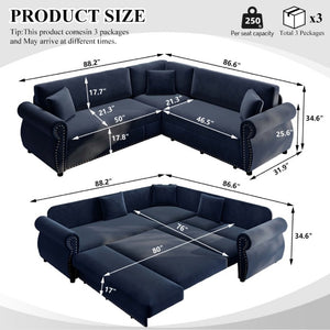 English Elm 88.2L-Shaped Chenille Sectional Sleeper Sofa with Nailhead Trim for Living Room Blue W1885S00248