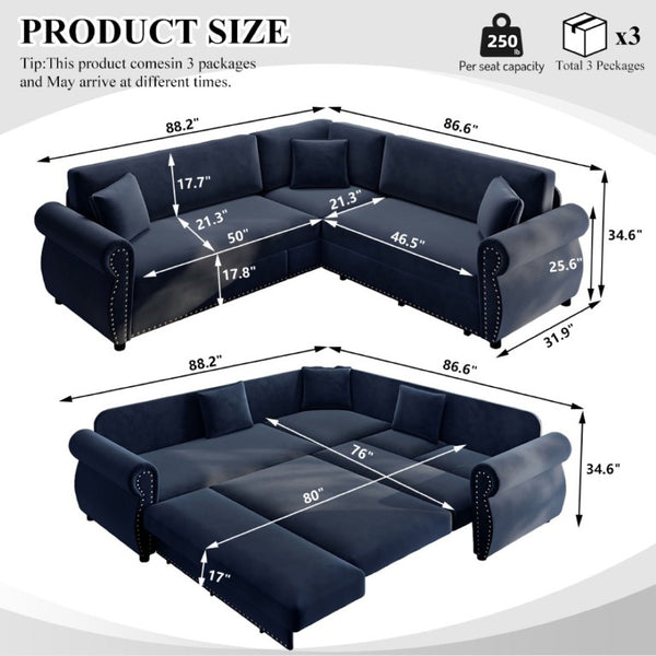 English Elm 88.2L-Shaped Chenille Sectional Sleeper Sofa with Nailhead Trim for Living Room Blue W1885S00248