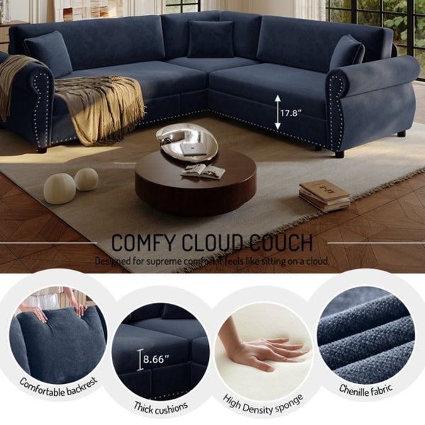 English Elm 88.2L-Shaped Chenille Sectional Sleeper Sofa with Nailhead Trim for Living Room Blue W1885S00248