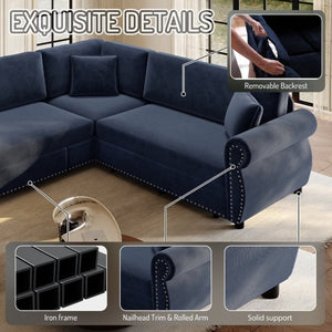 English Elm 88.2L-Shaped Chenille Sectional Sleeper Sofa with Nailhead Trim for Living Room Blue W1885S00248