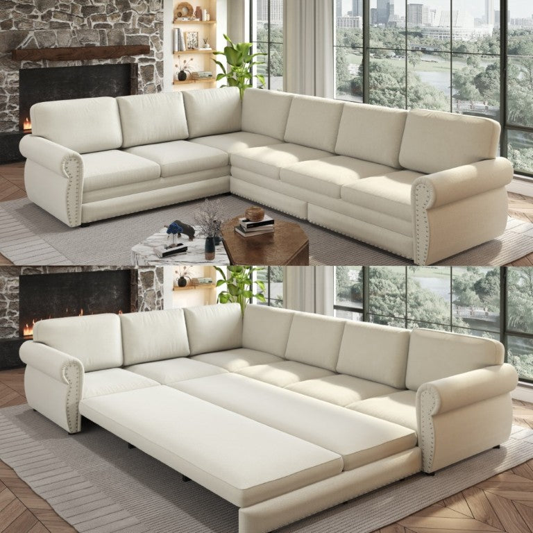 English Elm 118 Inch Chenille Sectional Sleeper Sofa with Nailhead Rolled Arms Six Seat Living Room W1885S00257