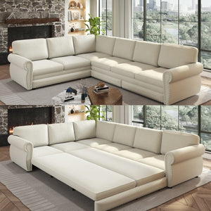 English Elm 118 Inch Chenille Sectional Sleeper Sofa with Nailhead Rolled Arms Six Seat Living Room W1885S00257