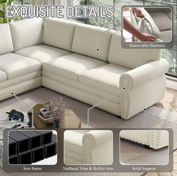 English Elm 118 Inch Chenille Sectional Sleeper Sofa with Nailhead Rolled Arms Six Seat Living Room W1885S00257