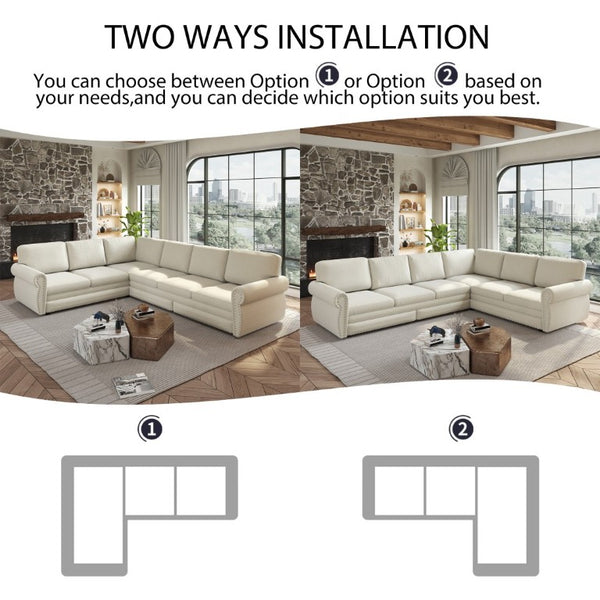 English Elm 118 Inch Chenille Sectional Sleeper Sofa with Nailhead Rolled Arms Six Seat Living Room W1885S00257