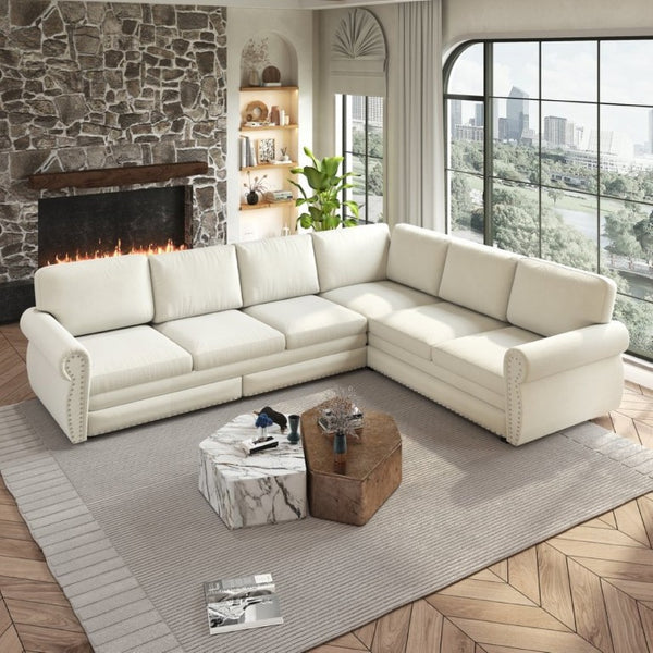 English Elm 118 Inch Chenille Sectional Sleeper Sofa with Nailhead Rolled Arms Six Seat Living Room W1885S00257